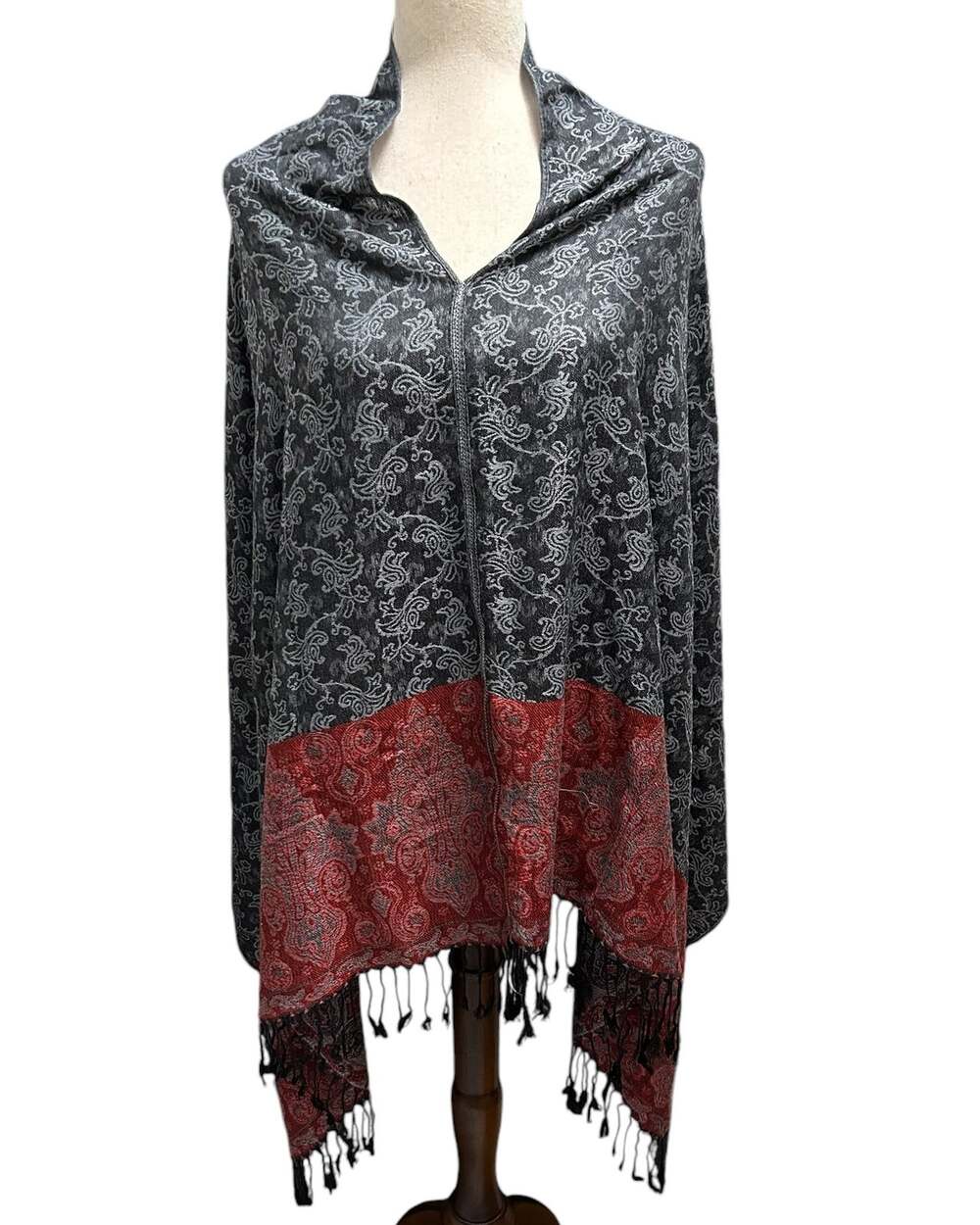NEW Pashmina Poncho in Slate Blue, Gray and Red with Fringe